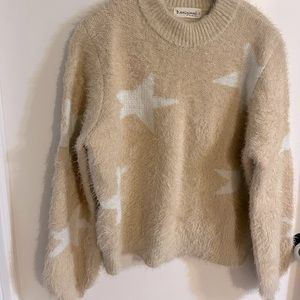 Beige Fuzzy Sweater with White Stars by b.original